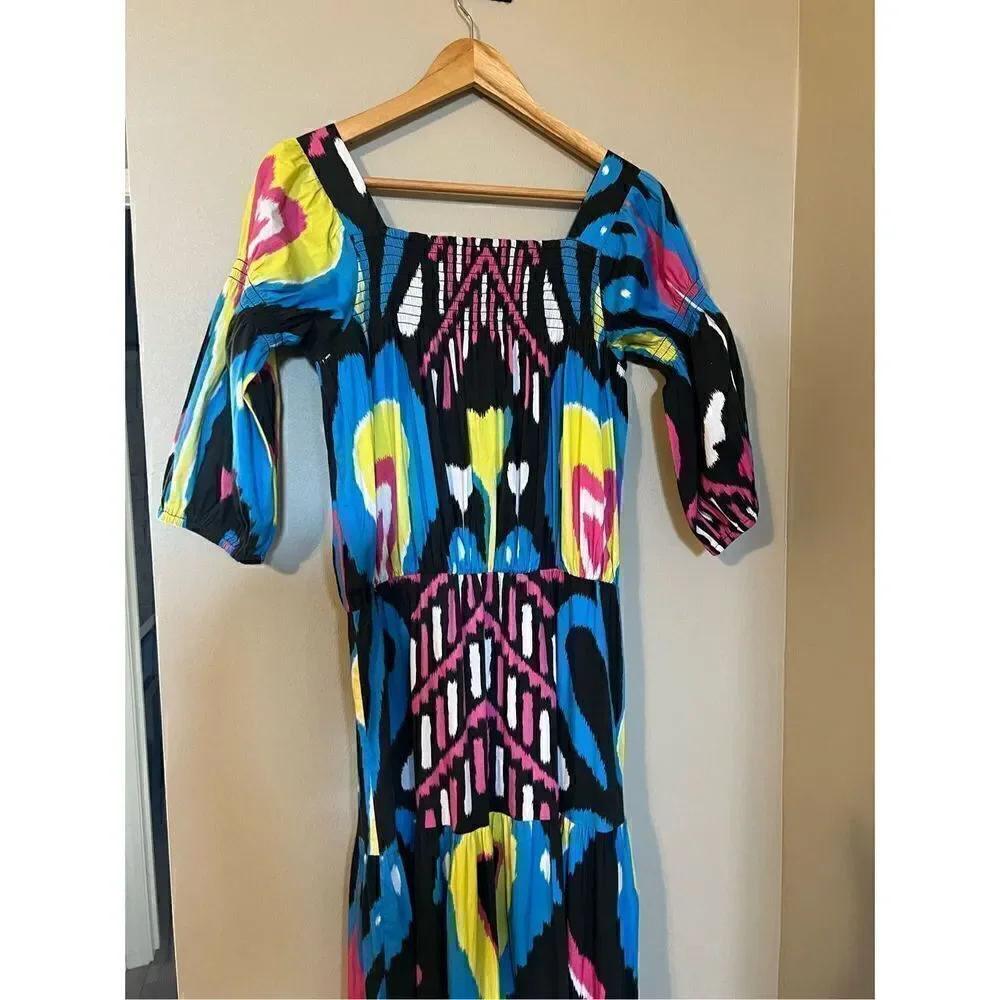 Sheridan French Women’s Size Medium Isabel Maxi Dress Black Blue Heart Ikat NWOT - Picture 12 of 14